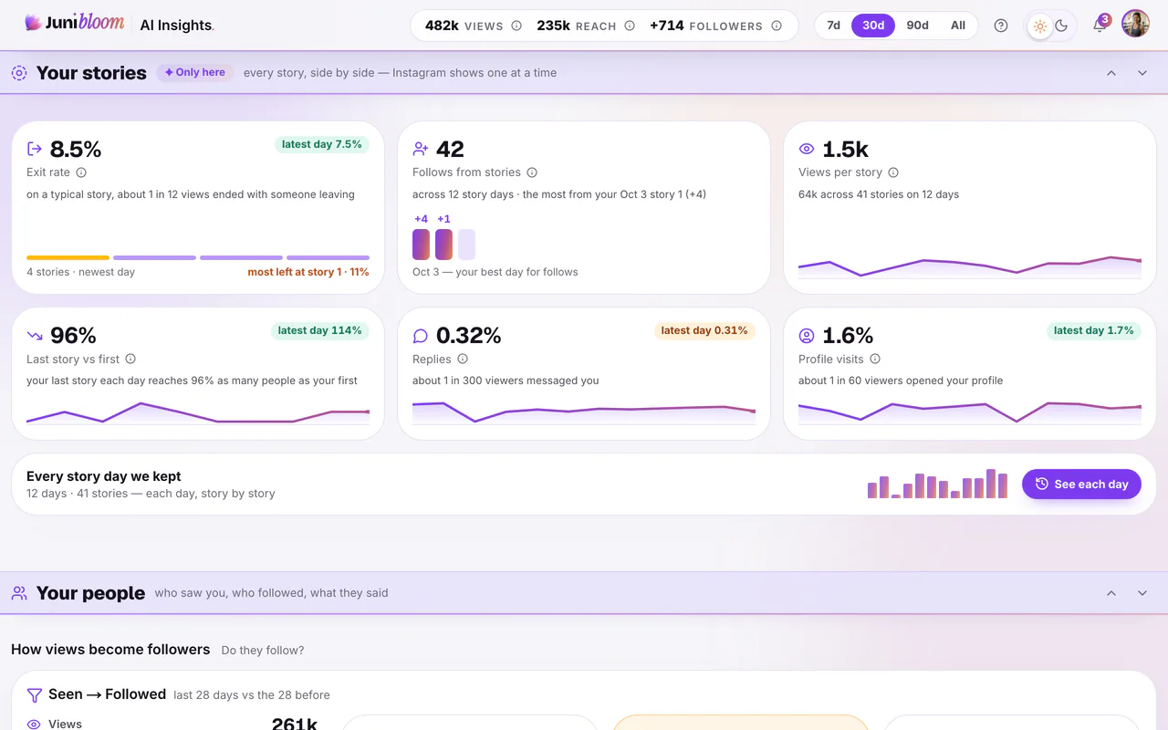 Your stories in AI Insights: how often a story ended a viewing and where most people left, follows from stories, and every story day kept