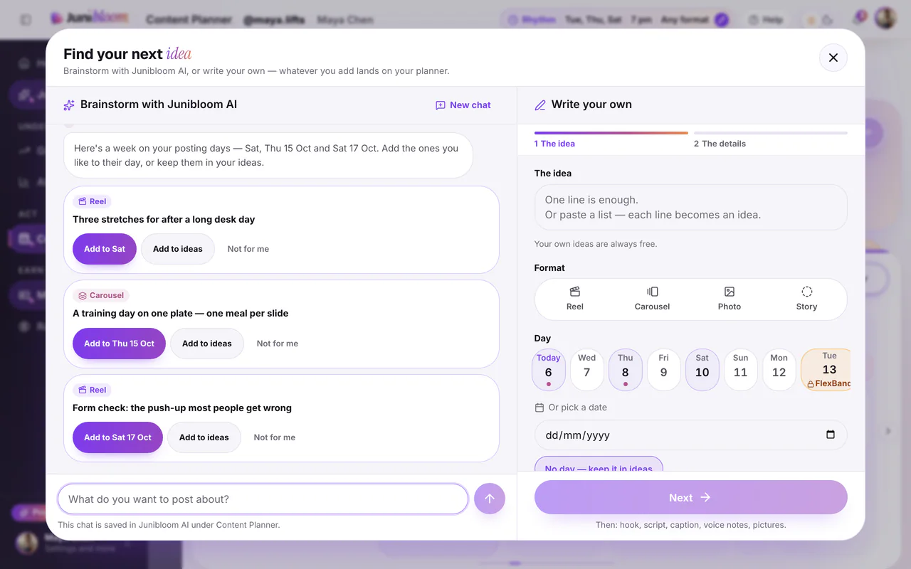 Find your next idea, in the Content Planner: a week of ideas from Junibloom AI, each with Add to its day, Add to ideas and Not for me