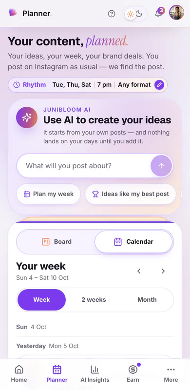 The Content Planner in Junibloom, on a sample account, in a phone